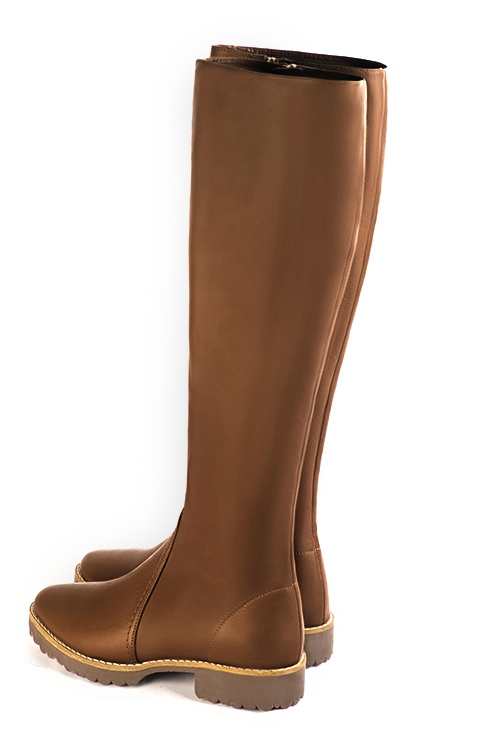 Caramel brown women's riding knee-high boots. Round toe. Flat rubber soles. Made to measure. Rear view - Florence KOOIJMAN